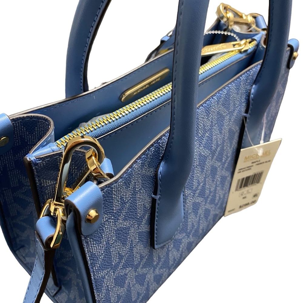 New MICHAEL KORS CENTER STRIPE MAPLE SM SATCHEL BRT BLUE WHITE CROSSBODY BAG - Picture 9 of 14
